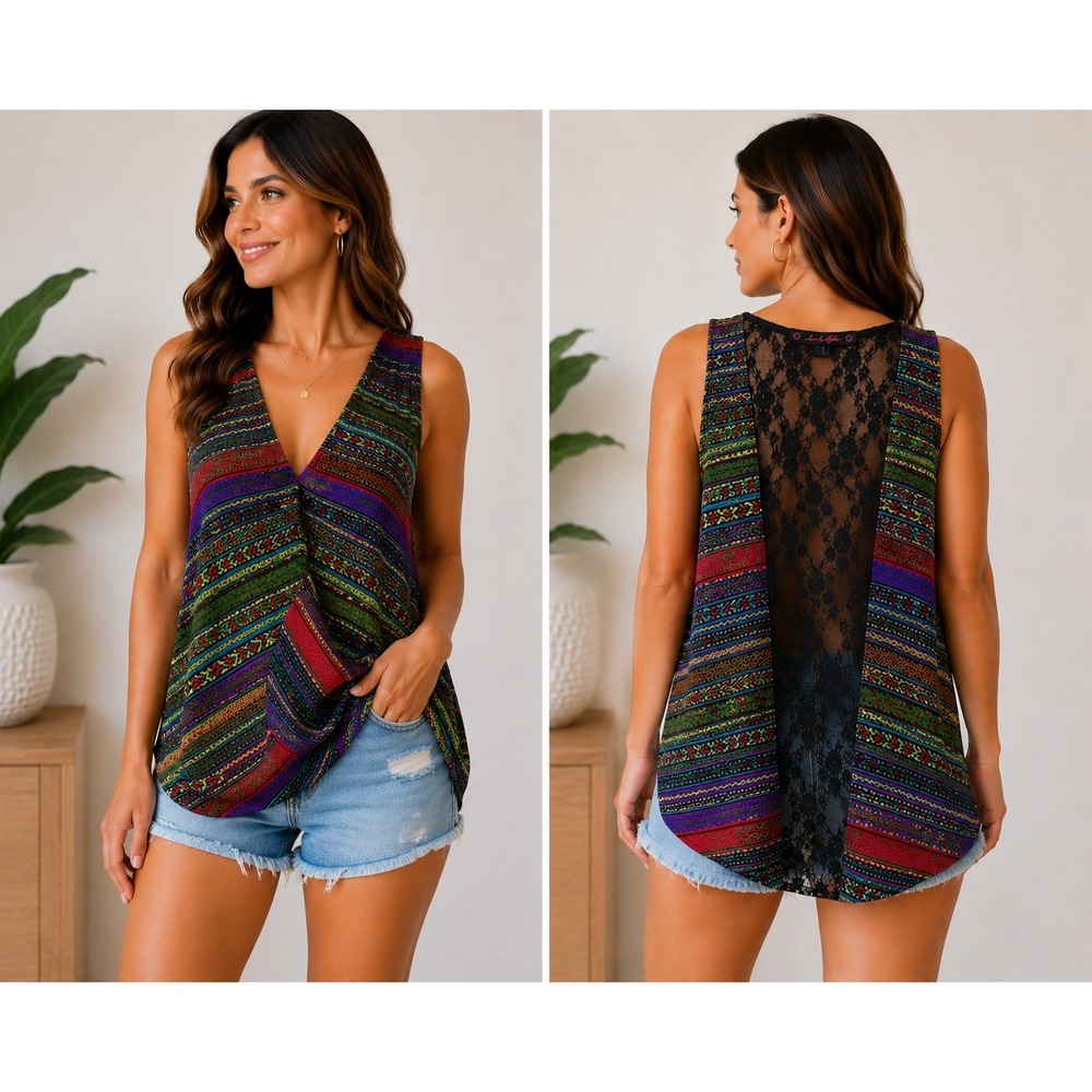 L A Girl Blouse Womens Tribal Geometric Print Lace Back Sleeveless Draped Top L